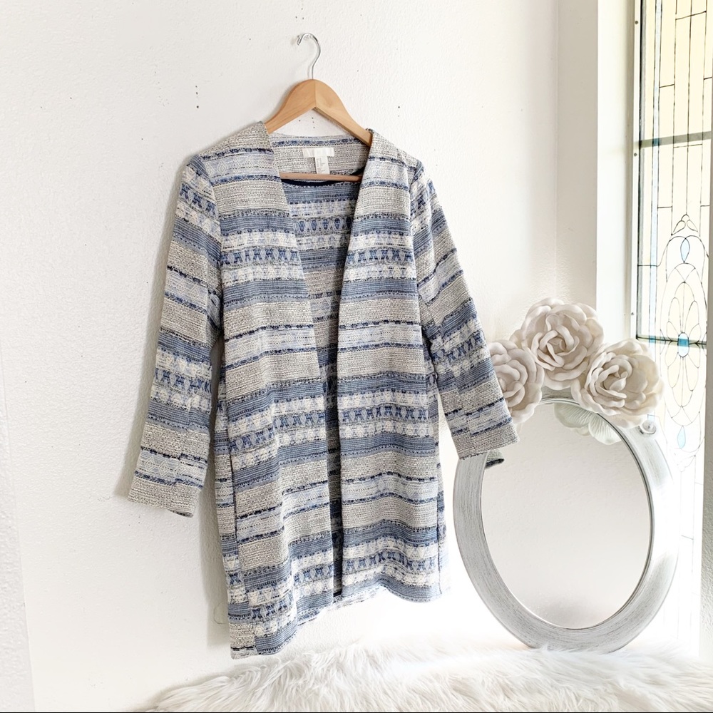 H&M Blue and White Open Front Boho Jacket